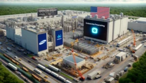 Futuristic chip manufacturing facility showcasing Samsung alongside OpenAI expanding their chip manufacturing capacities in Texas.